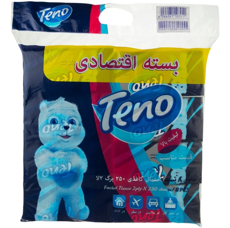 دستمال کاغذی 250 برگ دو لایه تنو بسته 8 عددی